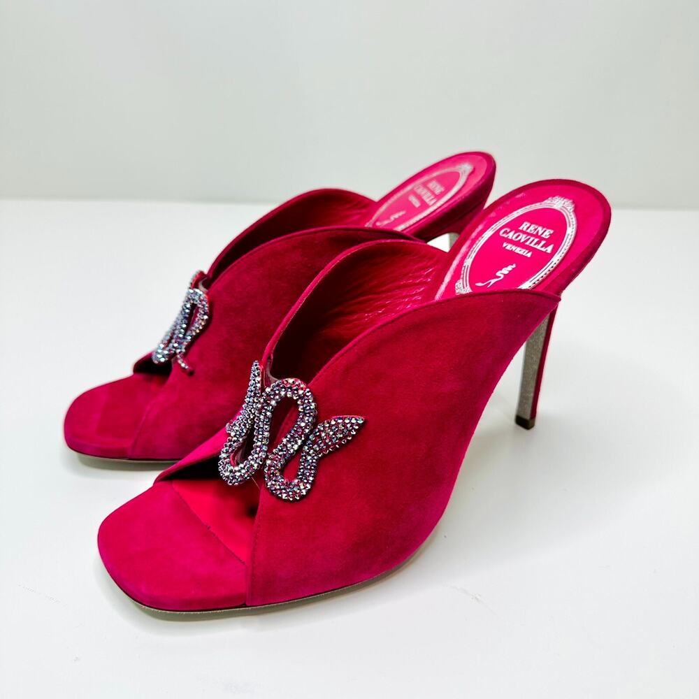 Rene Caovilla Venezia EU 37 US 7 Sandals Red Suede Leather Crystal Snake Mules - Picture 4 of 11